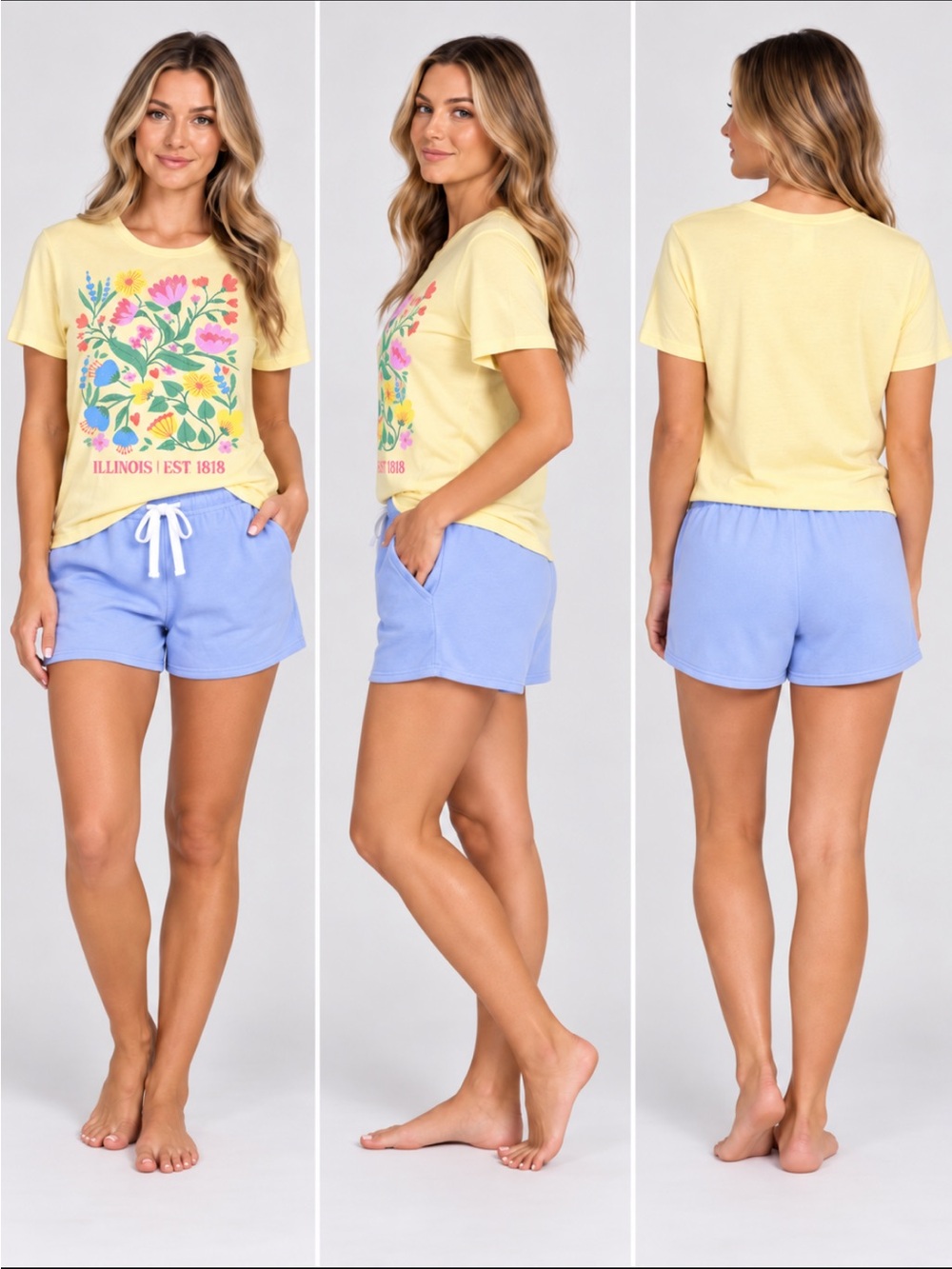 State of Mine IL Tee & Short Set Cotton Top w/Lightweight Fleece Bottom Pockets